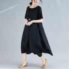 Short-sleeve Drawstring Midi Shift Dress Black - One Size