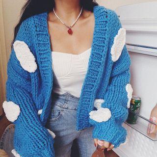 Open-front Chunky Cloud Cardigan Cardigan - Blue & White - One Size