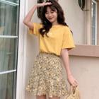 Set: Flower Embroidered Elbow-sleeve T-shirt + Floral Print Mini A-line Skirt