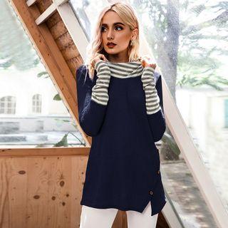 Long-sleeve Cowl-neck Striped Panel Top