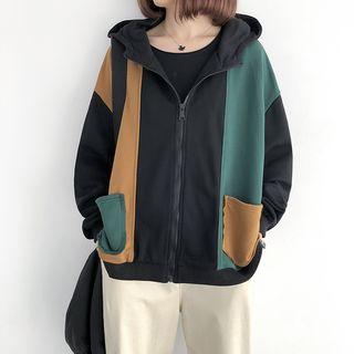 Color Block Zip Hoodie As Shown In Figure - One Size