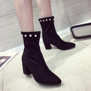 Faux Pearl Chunky-heel Short Boots