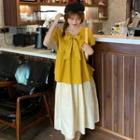 Bow Accent Short-sleeve Blouse / Midi A-line Skirt