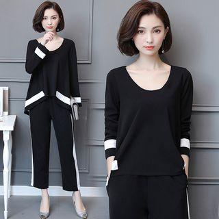 Set: Long-sleeve Two-tone Top + Cropped Pants