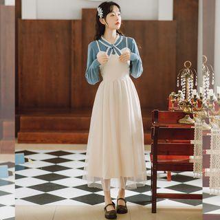 Tie-neck Blouse / Midi A-line Pinafore Dress