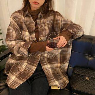 Loose-fit Plaid Shirt Coffee - One Size