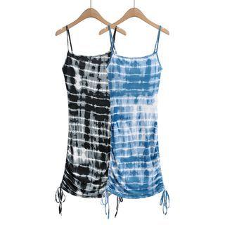 Spaghetti-strap Tie-dye Drawstring Mini Bodycon Dress