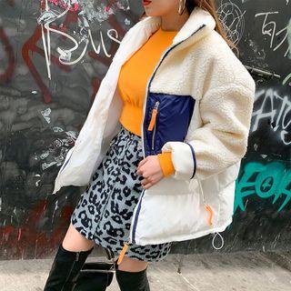 Piped Fleece-panel Padded Jacket Beige - One Size