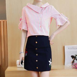 Set: Striped Elbow Sleeve Shirt + Embroidered A-line Skirt