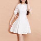 Perforated Elbow Sleeve A-line Dress