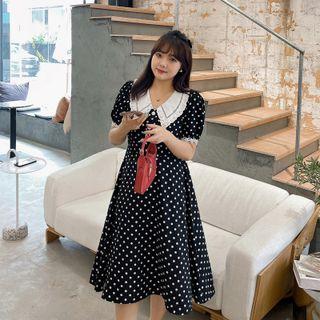 Short-sleeve Lace Collar Dotted Midi A-line Dress