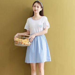 Short-sleeve Gingham Panel A-line Dress