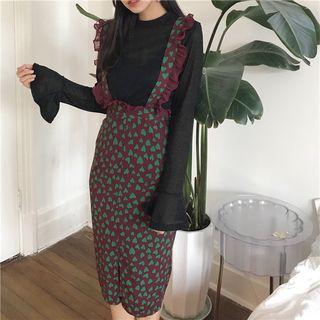 Plain Long-sleeve T-shirt / Heart Print Midi Suspender Skirt