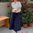 Puff-sleeve Lace Trim Blouse / Midi A-line Skirt
