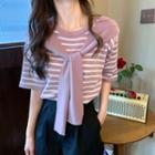 Shawl Panel Striped Elbow-sleeve Knit Top