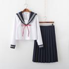 Sailor Collar Blouse / Short-sleeve Shirt / Bow Tie / Midi A-line Skirt / Set