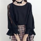 Bell-sleeve Lace Panel Blouse / Midi Plaid A-line Skirt