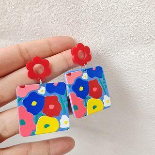 Square Flower Resin Dangle Earring 1 Pair - Blue & Pink & Red - One Size