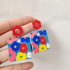 Square Flower Resin Dangle Earring 1 Pair - Blue & Pink & Red - One Size