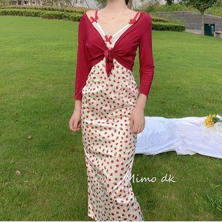 Strawberry Print Spaghetti-strap Midi Dress / Cropped Cardigan / Set