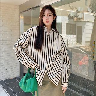 Long-sleeve Striped Loose-fit Shirt Almond - One Size