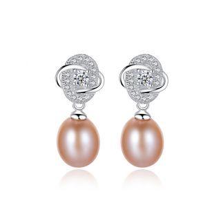 Sterling Silver Fashion Bright Flower Pink Freshwater Pearl Earrings With Cubic Zirconia Silver - One Size