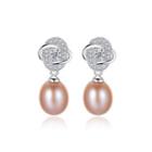 Sterling Silver Fashion Bright Flower Pink Freshwater Pearl Earrings With Cubic Zirconia Silver - One Size