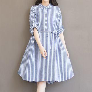 Elbow-sleeve Pinstriped A-line Midi Dress