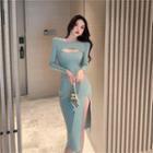 Long-sleeve Cutout Slit Midi A-line Dress