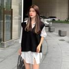 Striped Loose-fit Long-sleeve Shirt / V Neck Sleeveless Sweater