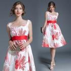 Sleeveless Coral Printed A-line Dress