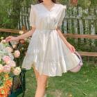 Short-sleeve V-neck Drawstring Mini Dress White - One Size