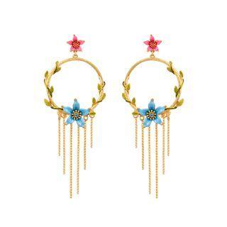 Fashion And Elegant Plated Gold Circle Enamel Blue Flower Tassel Earrings With Cubic Zirconia Golden - One Size