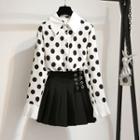 Polka Dot Chiffon Blouse / Lace-up Mini Pleated Skirt