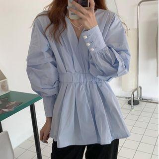 V-neck Peplum Blouse Blue - One Size