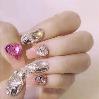 Rhinestone Faux Nail Tips 345 - Glue - Pink & Silver - One Size