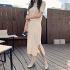 Set: Short-sleeve Cable-knit Top + Midi Skirt Beige - One Size