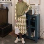 Long-sleeve Printed Hoodie / Plaid Midi Skirt