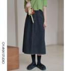 High-waist Slit-back Denim Midi A-line Skirt