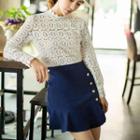 Long Sleeve Mandarin Collar Lace Panel Ruffled Hem Dress