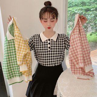 Short-sleeve Plaid Knit Polo Shirt