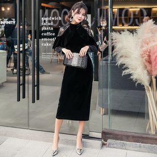 Lace Panel Velvet Long-sleeve Midi Sheath Dress