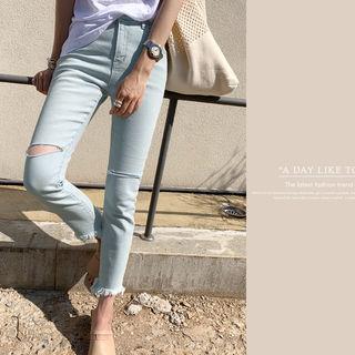 Slashed Fringed Washed Slim Jeans