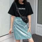 Short-sleeve Lettering T-shirt / Plaid Straight Fit Pvc Skirt