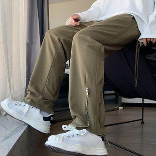 Drawstring Plain Zip Wide-leg Pants
