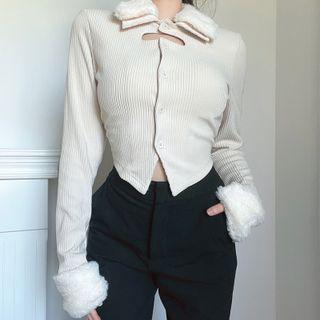 Fluffy Trim Button-up Knit Crop Top