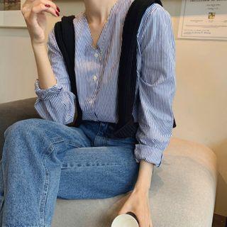 V-neck Pinstripe Long-sleeve Shirt