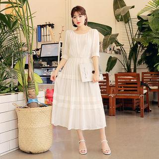 Round-neck Pleated-trim Midi Dress