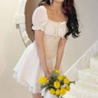 Puff-sleeve Shirred Lace Trim A-line Dress