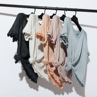 Elbow-sleeve V-neck Frill Sweater